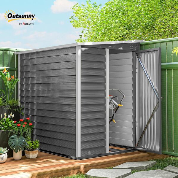 Outsunny Abri de jardin en métal de 2,3 m² 142 x 184 x 181 cm avec fondation, toit en pente et fenêtre, verrouillable, porte, gants, résistant aux intempéries, abri de jardin, abri de jardin, abri de