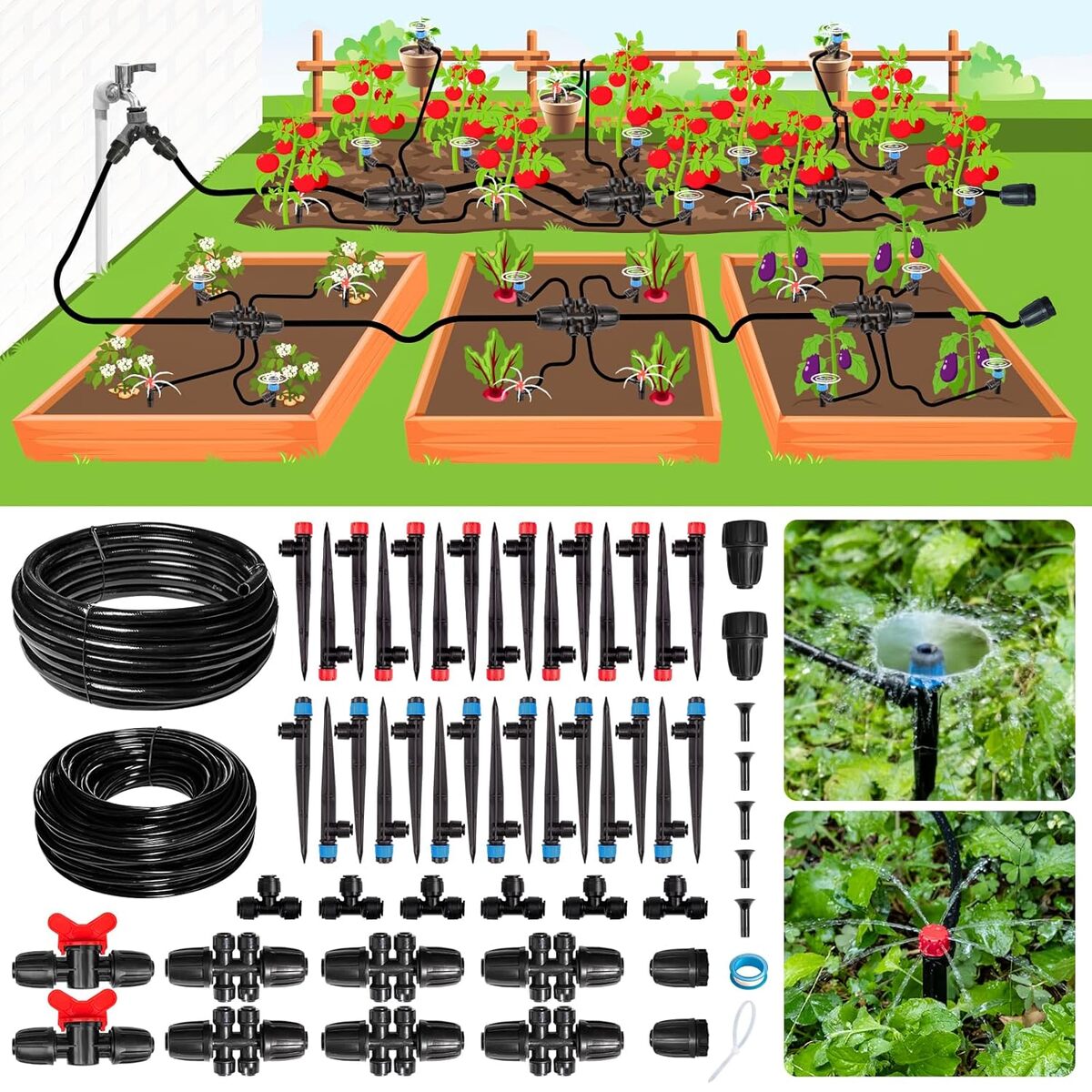 Test du système d'irrigation goutte à goutte 70 m pour jardin et serre