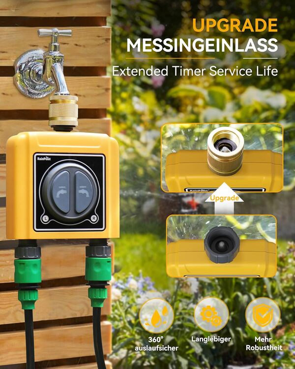 RAINPOINT Ordinateur d'arrosage WiFi à 2 sorties avec entrée en laiton, arrosage automatique intelligent, contrôle par application et voix, arrosage par temps/quantité/humidité du sol/commande vocale,