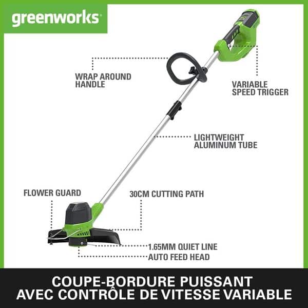 Greenworks 40V Coupe Bordure Sans Fil pour Jardins Moyens, Hauteur Réglable, Largeur de 30 cm, Fil Nylon 1,65 mm à Alimentation Automatique, 2 Batteries 40V 2Ah et Chargeur, Garantie 3 Ans G40LTK2X