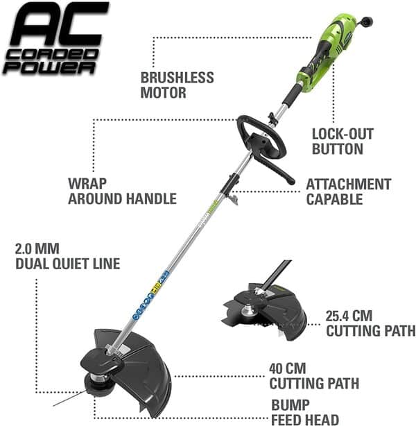 Greenworks Coupe-Bordure & Débroussailleuse à Fil Électrique 230V 40cm, Fil de Coupe 20m