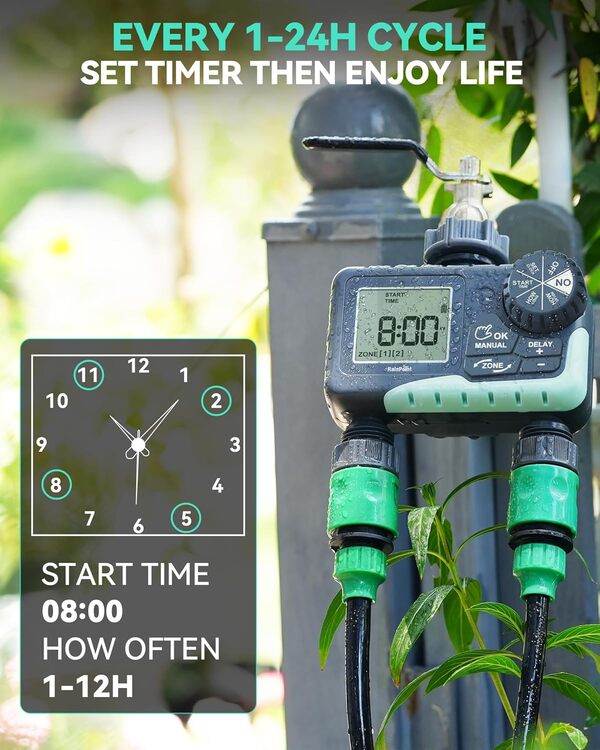 RAINPOINT Minuteur d'arrosage à 2 zones – 2 minuteurs d'eau pour tuyau d'arrosage avec retard de pluie/arrosage manuel/système de contrôle d'irrigation automatique – Minuteur de robinet programmable