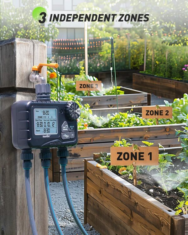 RAINPOINT Minuteur d'arrosage automatique à 3 prises avec retard de pluie/arrosage manuel/grand écran LCD, temps d'arrosage intelligent pour jardin, pelouse