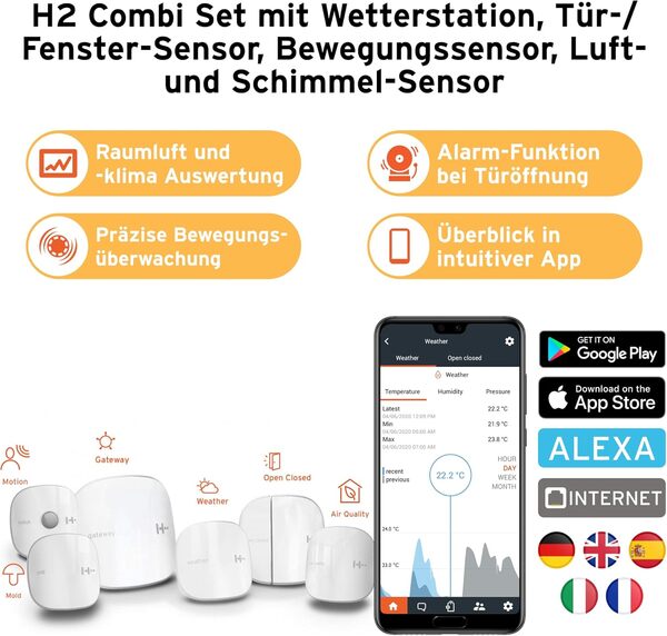 H2 Smart Home Combi Ensemble - Ensemble de capteurs de porte et de fenêtre, station météo, capteurs de qualité de l'air, capteur de moisissure et de mouvement, avec ALEXA Compatible