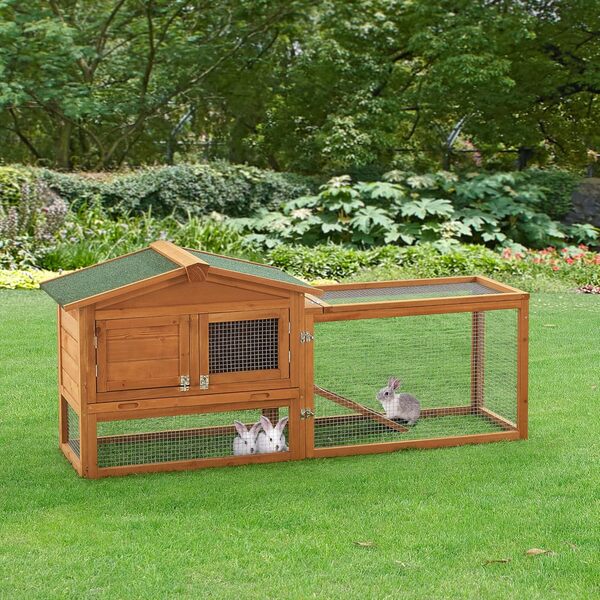 [en.casa] Clapier à 2 Niveaux avec Rampe Enclos à Sol Ouvert Niche Abrité à Toiture Imperméable Sapin Métal Bitume 68 x 156 x 52 cm Naturel