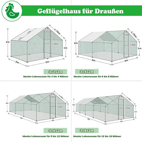 SUBTLETY 3x2x2m Poulailler en Métal Accessible avec Surface de Course de 6m², Porte, Loquet et Toit en Polyéthylène, Enclos Extérieur pour Poules, Petits Animaux et Plantes
