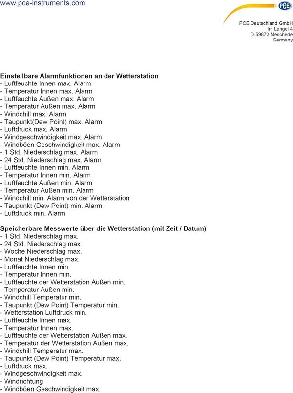 Station météo sans fil PCE-FWS 20N avec capteurs extérieurs pour la direction du vent, la vitesse du vent, la température, l'humidité relative, la quantité de pluie, interface USB, logiciel d'analyse,