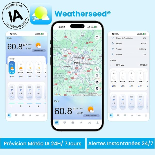 Sainlogic Station Météo Connectée SA6 Plus, Prévisions Météorologiques 24/7 par IA par Weatherseed®,Alertes par Application,Stations Météo et Baromètres,Stockage de Données de 2 Ans(Uniquement 2.4GHz)