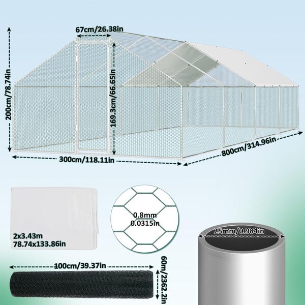 Poulailler XXL, Enclos extérieur avec serrure de sécurité et bâche PE imperméable, cadre en acier stable, enclos extérieur beaucoup d'espace pour poules, lapins et autres petits animaux, 3x8x2m