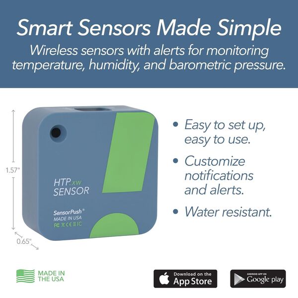 SensorPush HTP.xw Thermomètre/Hygromètre/Baromètre Précision Extrême Résistant à l'eau pour iPhone/Android Fabriqué aux États-Unis Intérieur/Extérieur/Capteur de Température/Pression