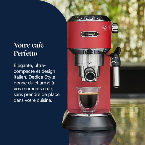 De'Longhi Dedica Style EC685.R, Machine à Café à Pompe en Acier Inoxydable Pour Café Moulu ou Dosettes, Machine à Espresso et Cappuccino, Réservoir de 1,3L, Système Anti-goutte, Rouge