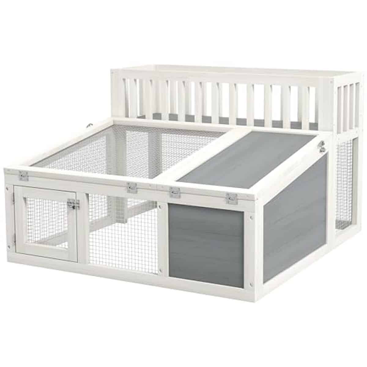 Test du clapier PawHut gris et blanc : grand espace en bois avec étagère